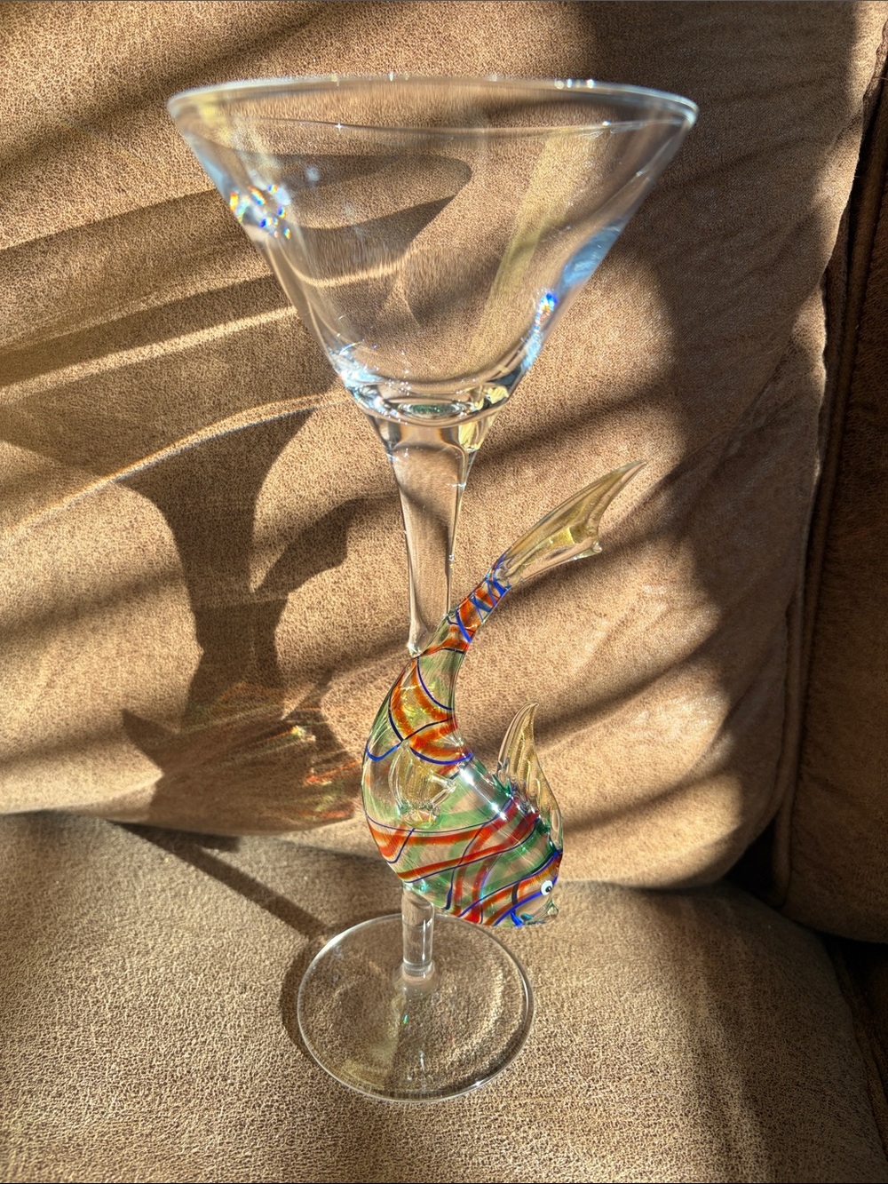 Murano Hand-Blown Martini Glass with Colorful Fish Accent